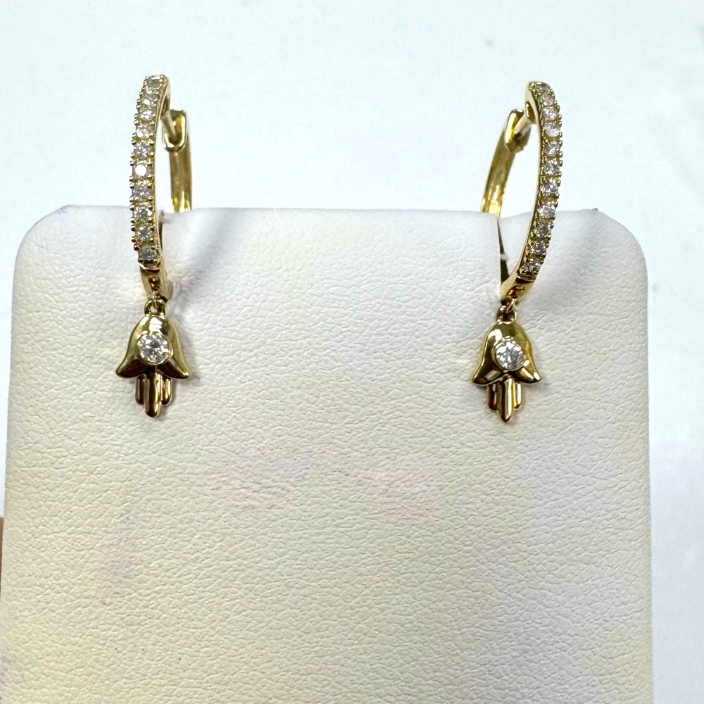 14K Yellow Gold and 0.25ct Diamond Hamsa Dangle Earrings